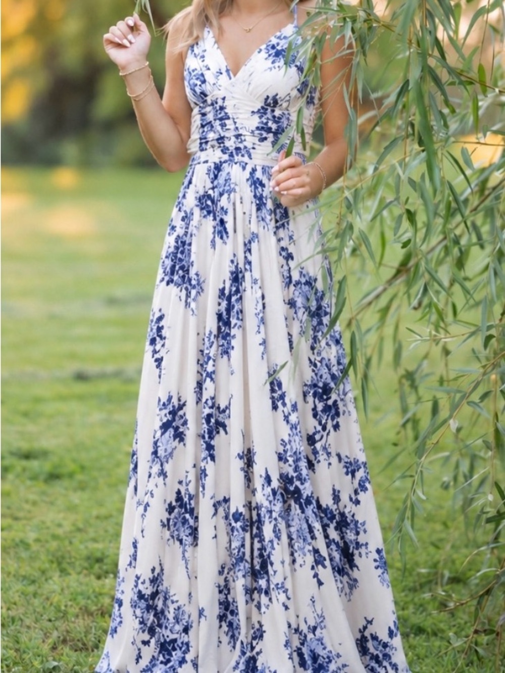 Vici White Maxi Dress with Blue Floral Print